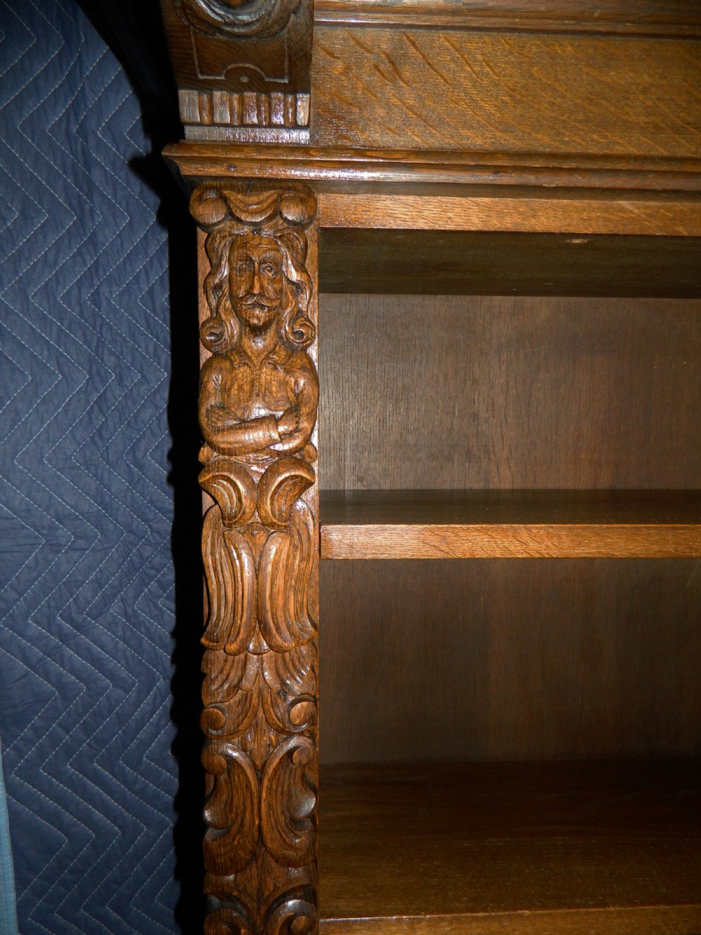 tall carved oak bookcase View II