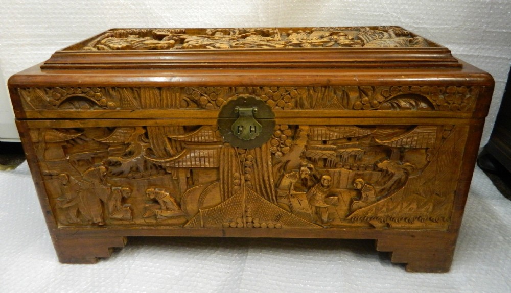 oriental carved camphor wood trunk