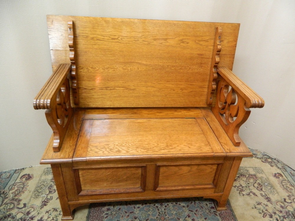 Arts & Crafts oak monks bench View II