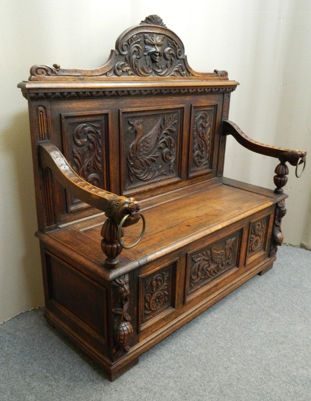 carved oak Greenman settle  View V