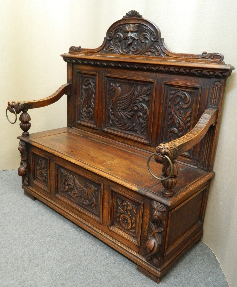 carved oak Greenman settle  View VI