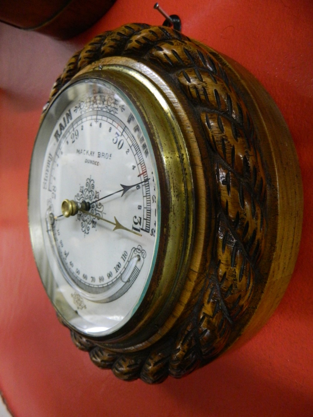 carved oak rope twist aneroid barometer View III