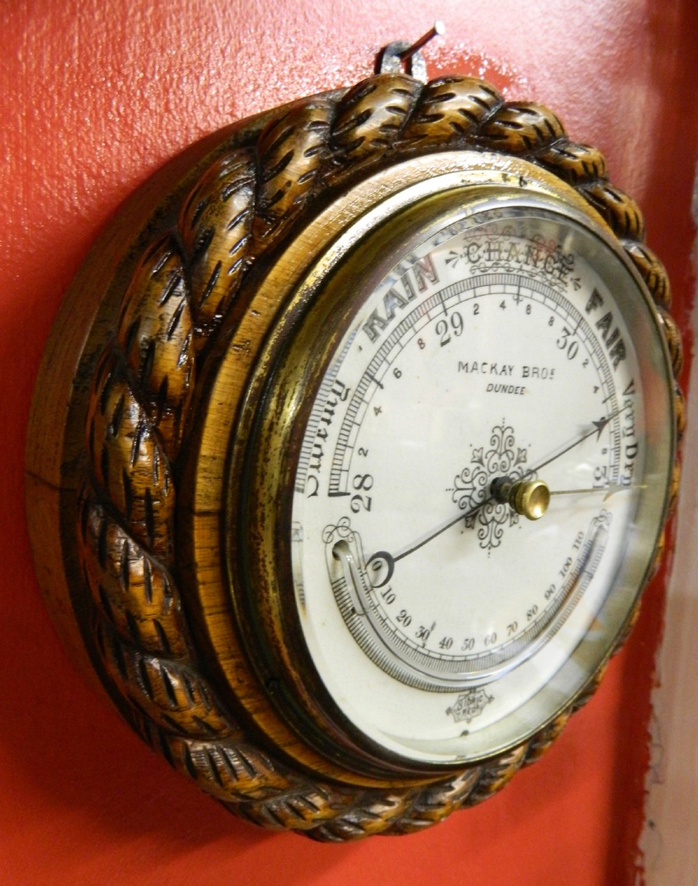 carved oak rope twist aneroid barometer View IV