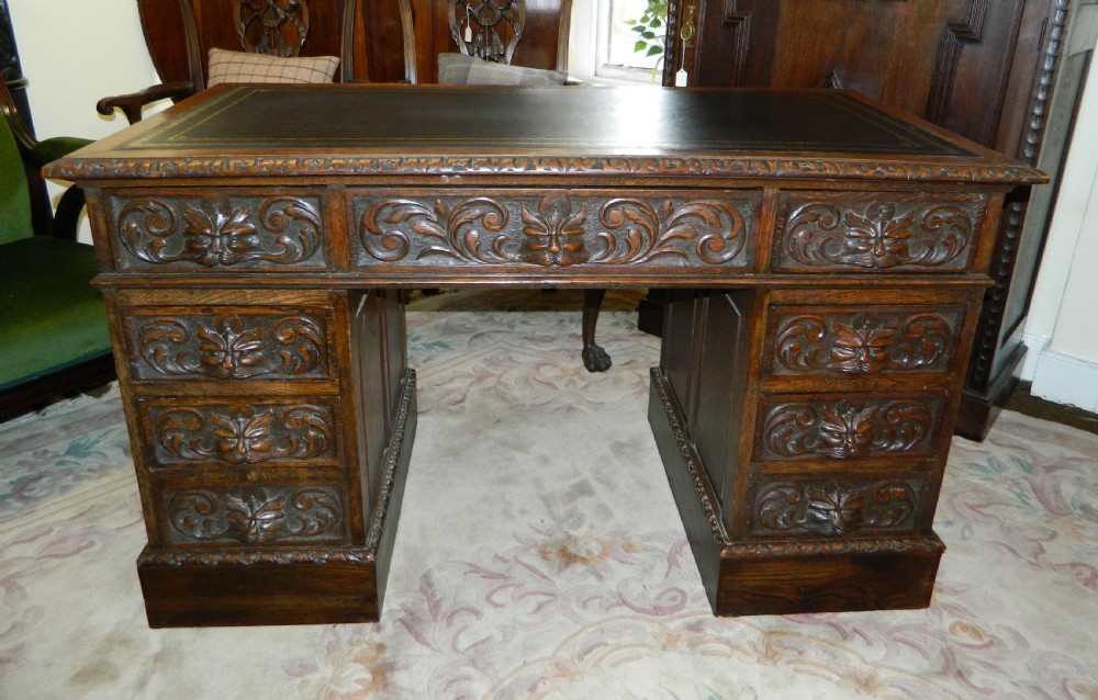 Carved oak green man desk View VI