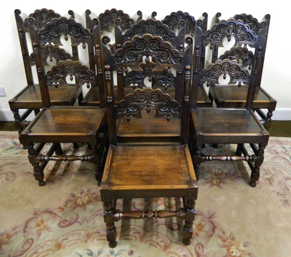 set of 8 carved oak chairs