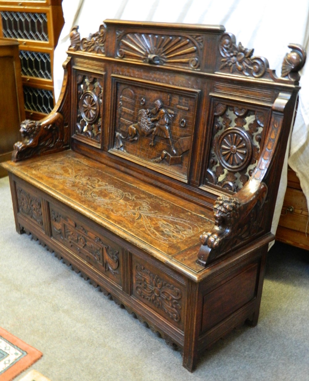 Carved oak settle View V