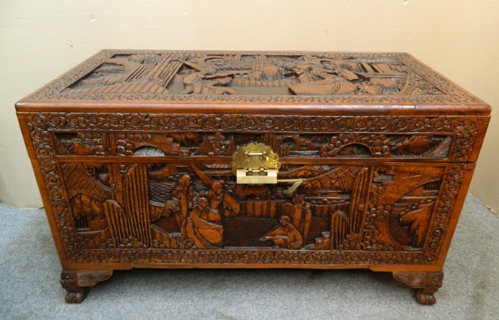 Oriental carved camphor wood trunk
