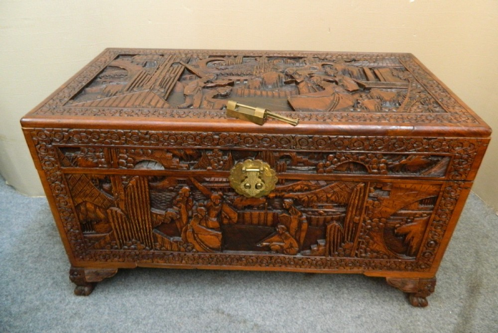 Oriental carved camphor wood trunk View II