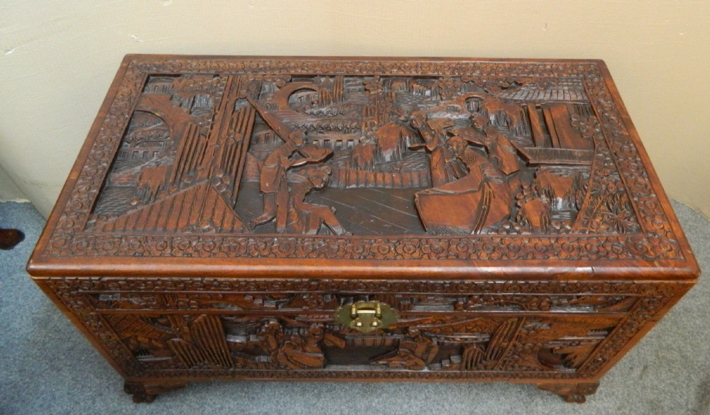 Oriental carved camphor wood trunk View III