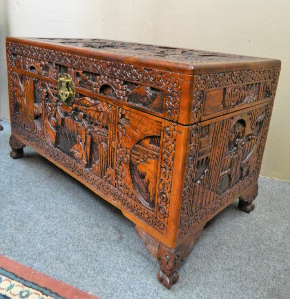 Oriental carved camphor wood trunk View IV