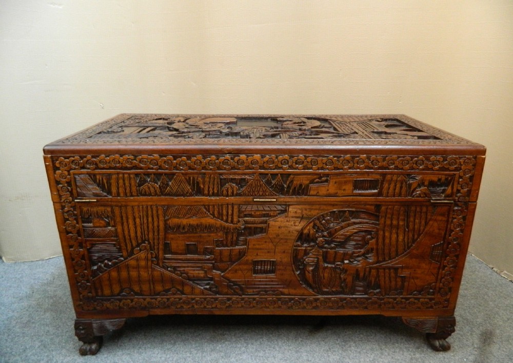 Oriental carved camphor wood trunk View V