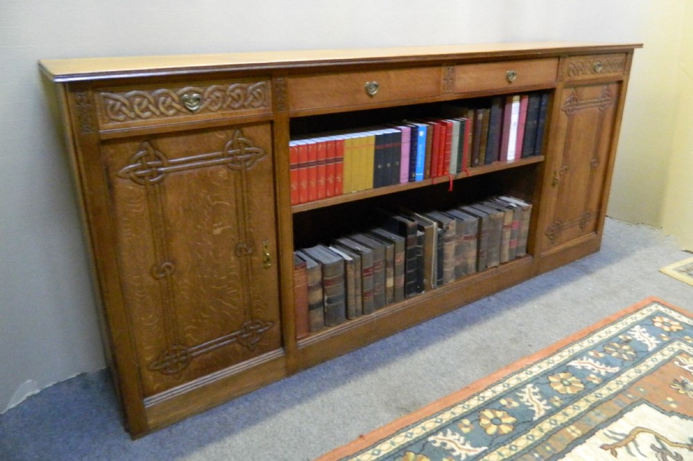 Arts & Crafts large oak bookcase - Celtic designs View II
