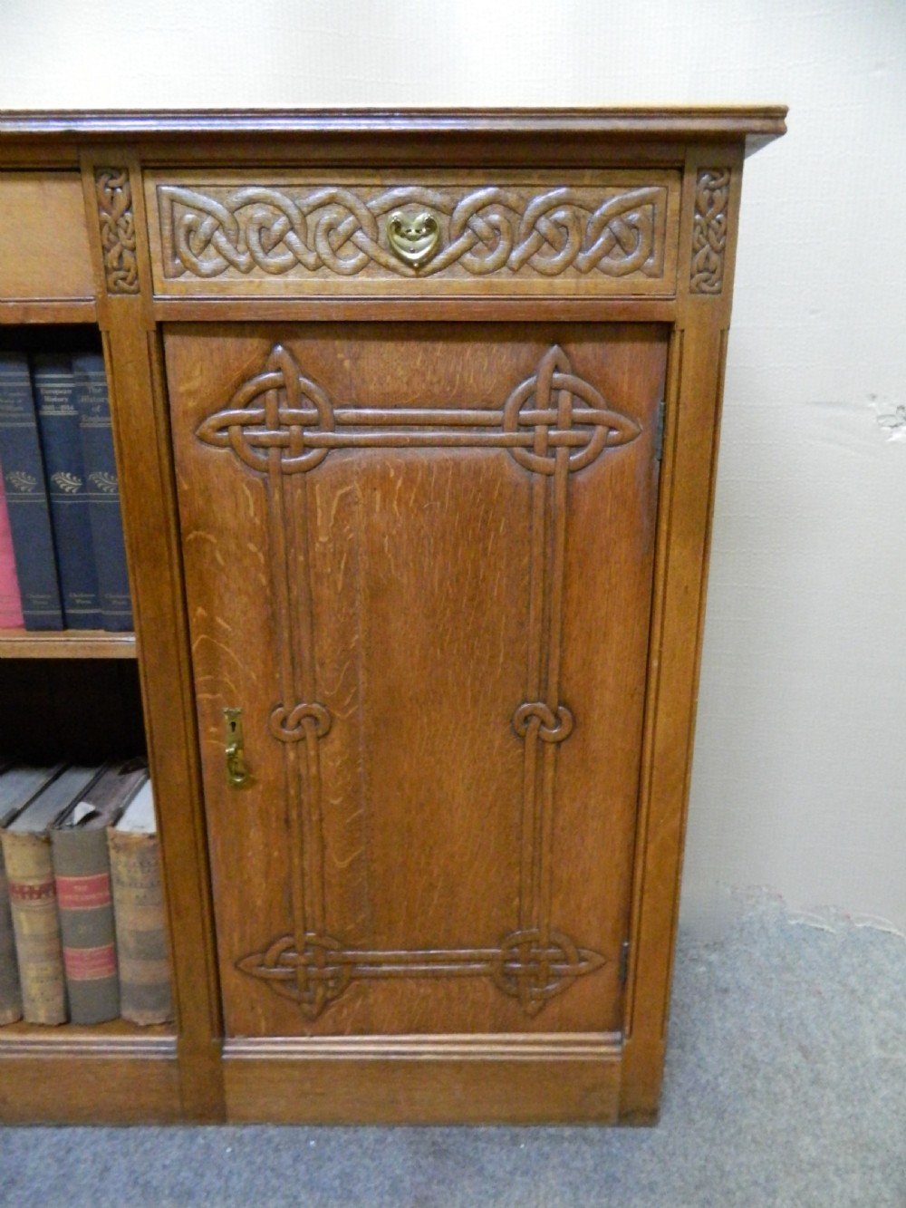 Arts & Crafts large oak bookcase - Celtic designs View III