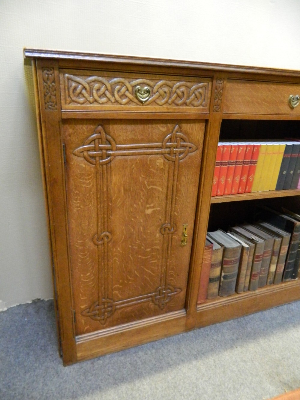 Arts & Crafts large oak bookcase - Celtic designs View V