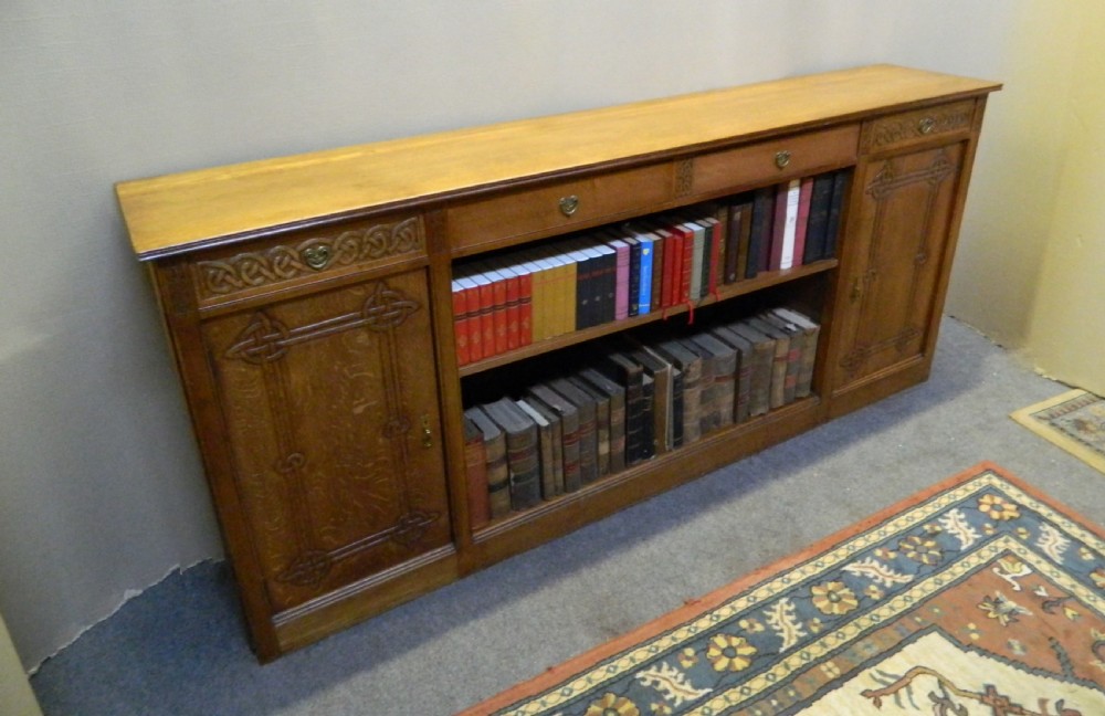 Arts & Crafts large oak bookcase - Celtic designs View VII
