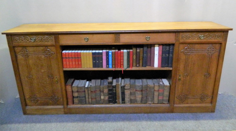 Arts & Crafts large oak bookcase - Celtic designs View VIII