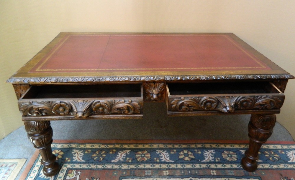 large carved oak library table View VII