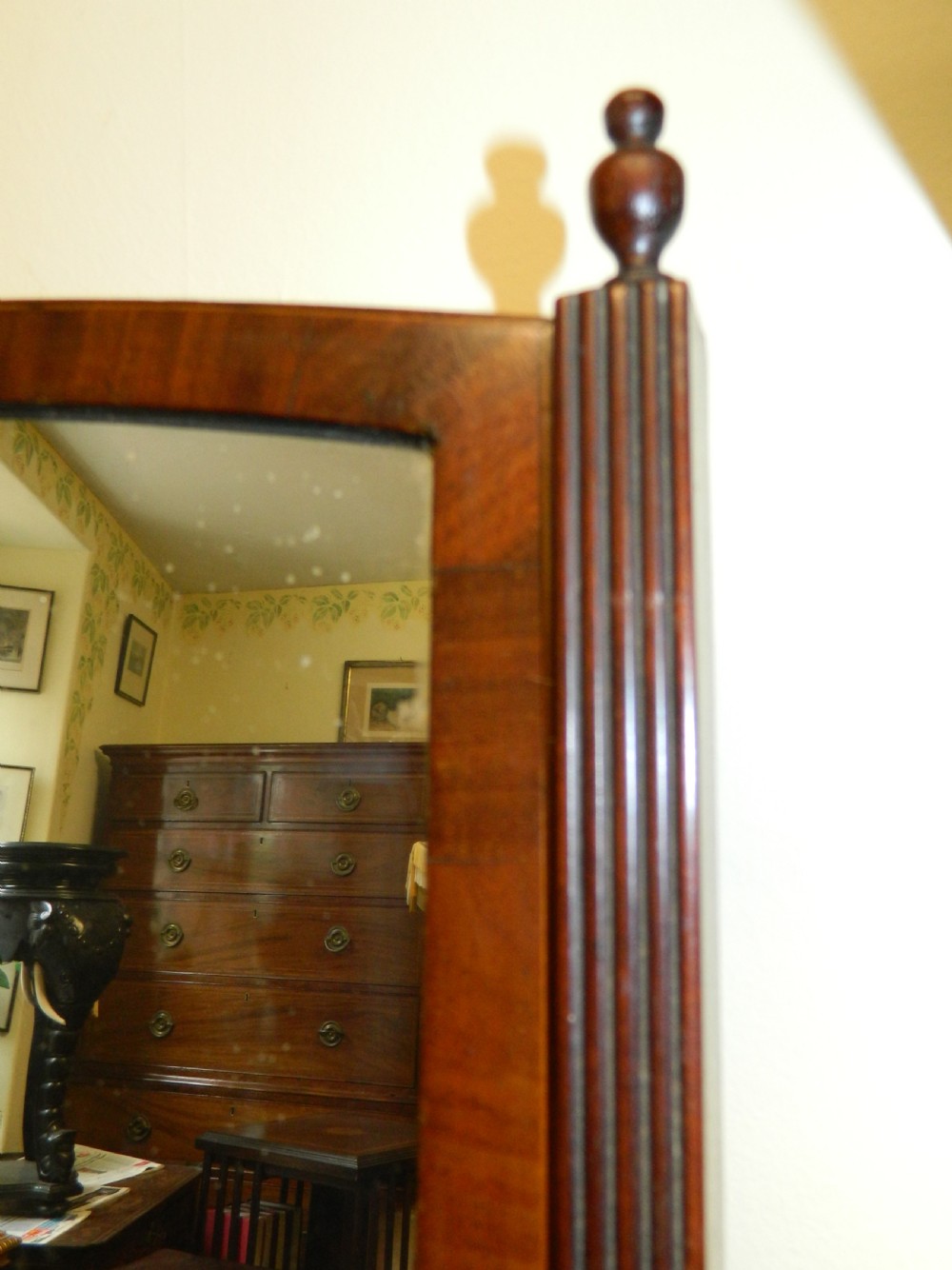 An antique mahogany toilet mirror featuring a swivelling arched glass frame mounted on a base with two inlaid drawers. View IV