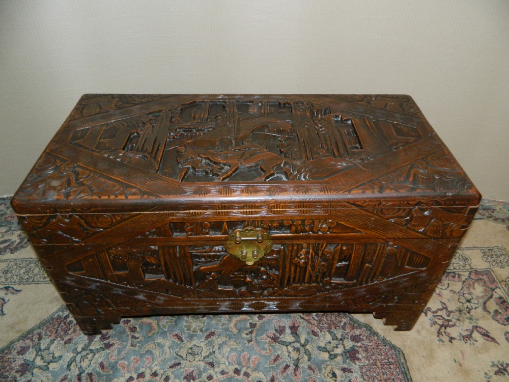 Oriental carved camphor wood trunk View III