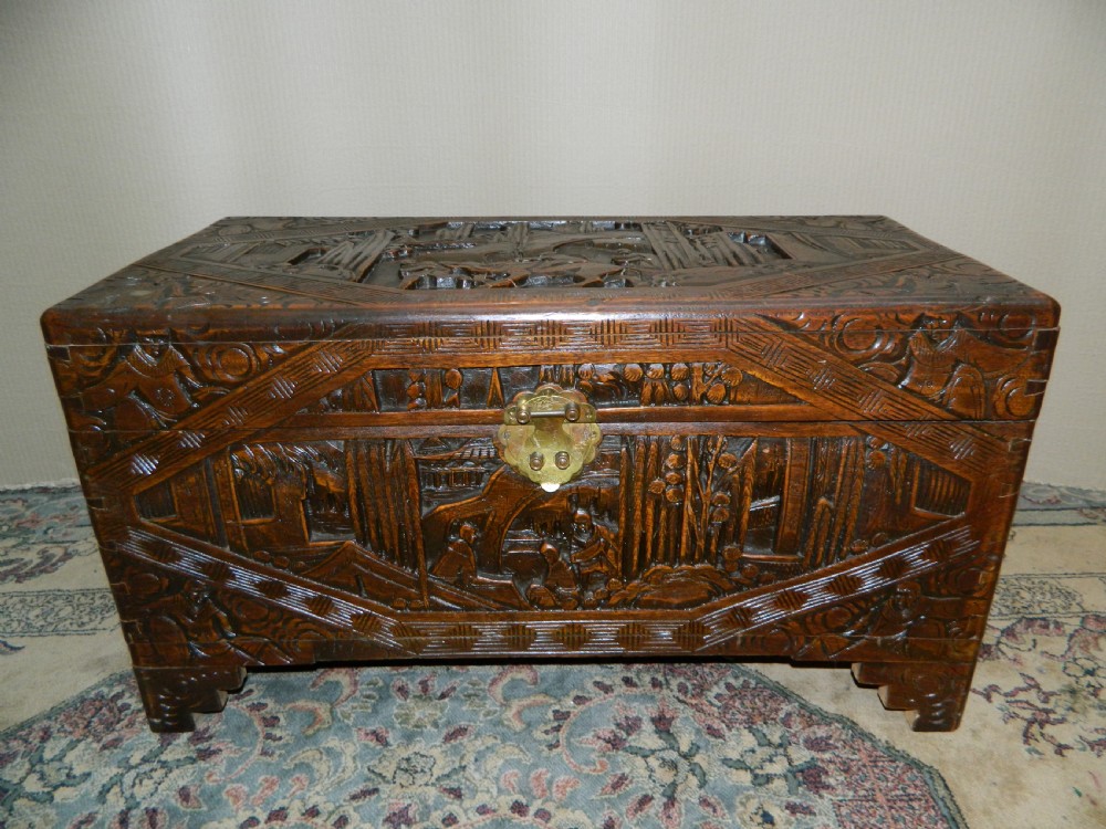 Oriental carved camphor wood trunk View IV