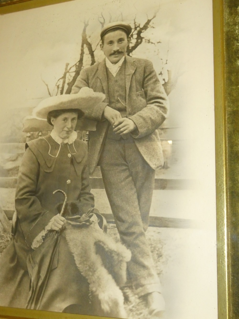An antique monochrome portrait photograph of a man and woman displayed in a polished mahogany frame with a green velvet mount and decorative gilt slip. View II