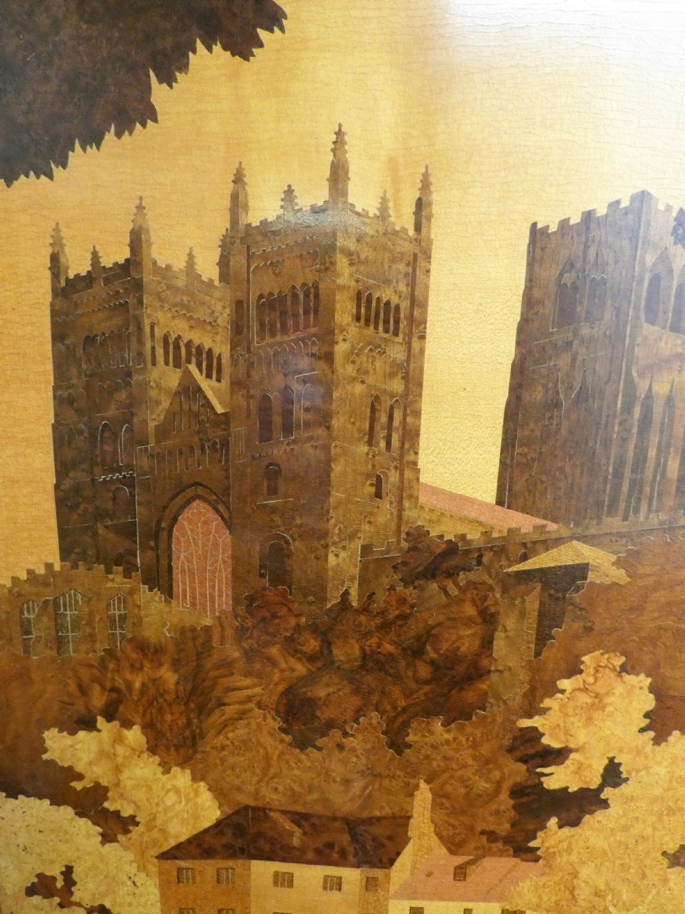 A rectangular wood marquetry wall panel depicting Durham Cathedral rendered in contrasting shades of natural wood veneer. View II