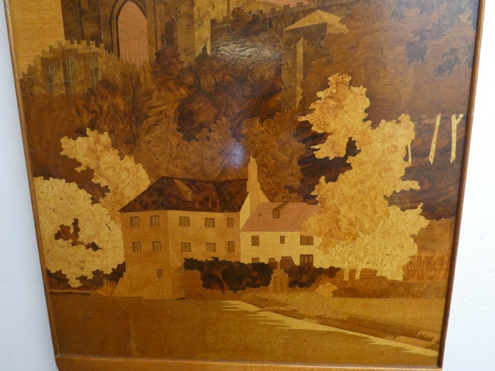 A rectangular wood marquetry wall panel depicting Durham Cathedral rendered in contrasting shades of natural wood veneer. View VI