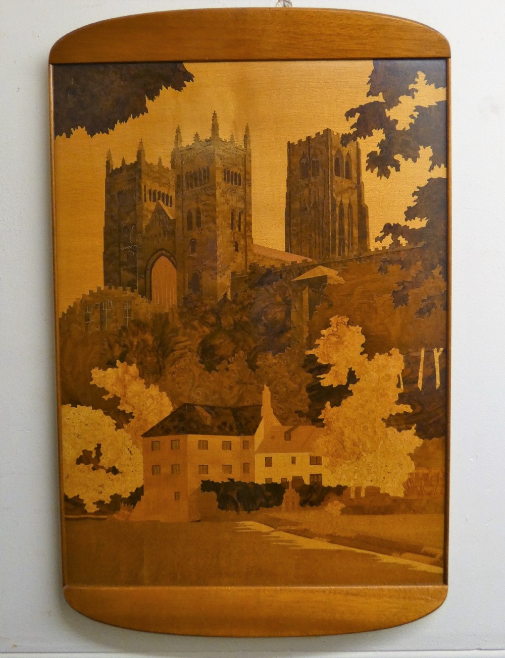 A rectangular wood marquetry wall panel depicting Durham Cathedral rendered in contrasting shades of natural wood veneer. View VII