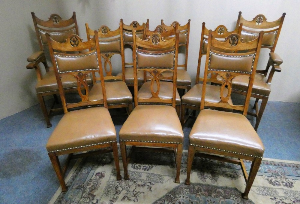 set of 10 oak Arts & Crafts dining chairs View II