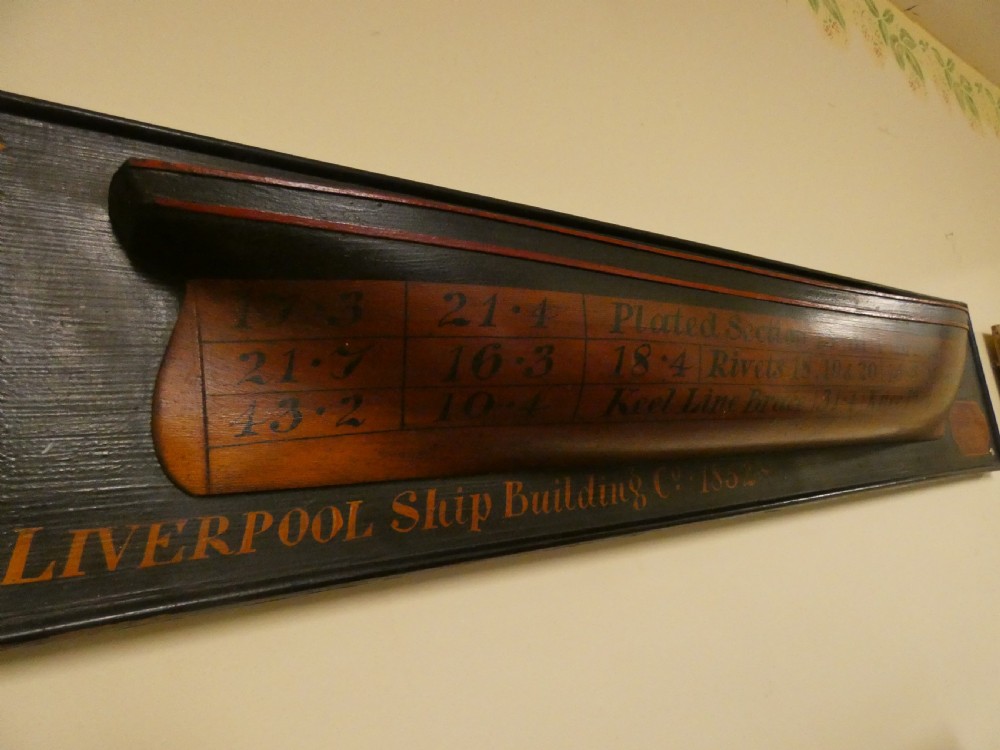 A Victorian mounted half-hull ship model painted in terracotta and black with hand-written technical specifications on a black backboard. View II