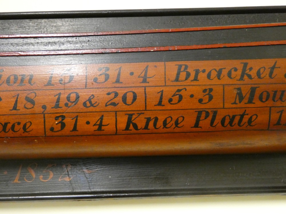 A Victorian mounted half-hull ship model painted in terracotta and black with hand-written technical specifications on a black backboard. View VII