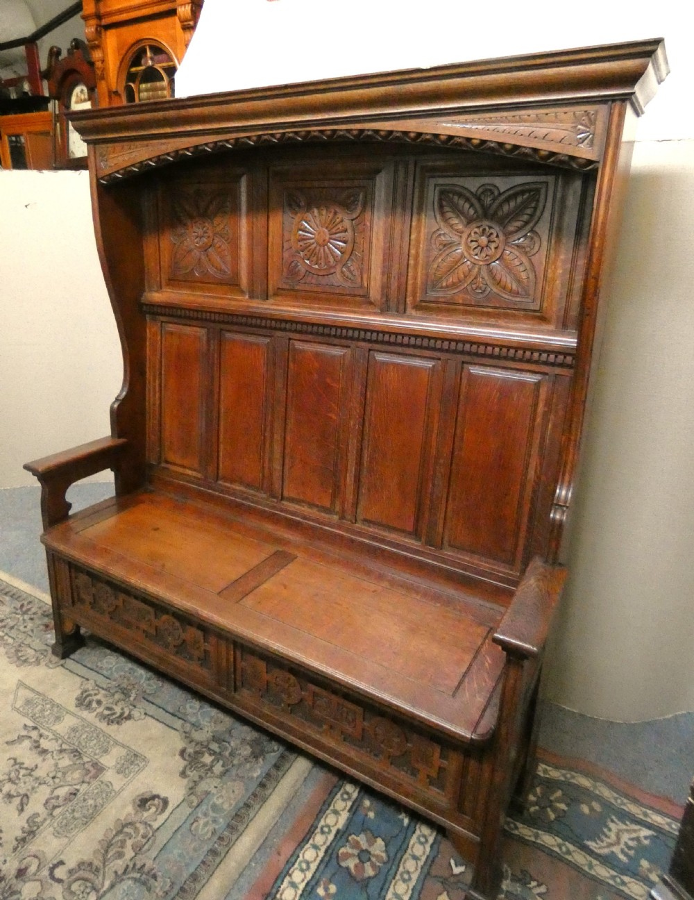 High back oak settle