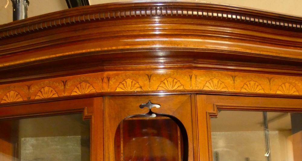 An antique mahogany display cabinet featuring inlaid satinwood decoration, carved floral door panels, glass display sections, and slender corner supports. View XI