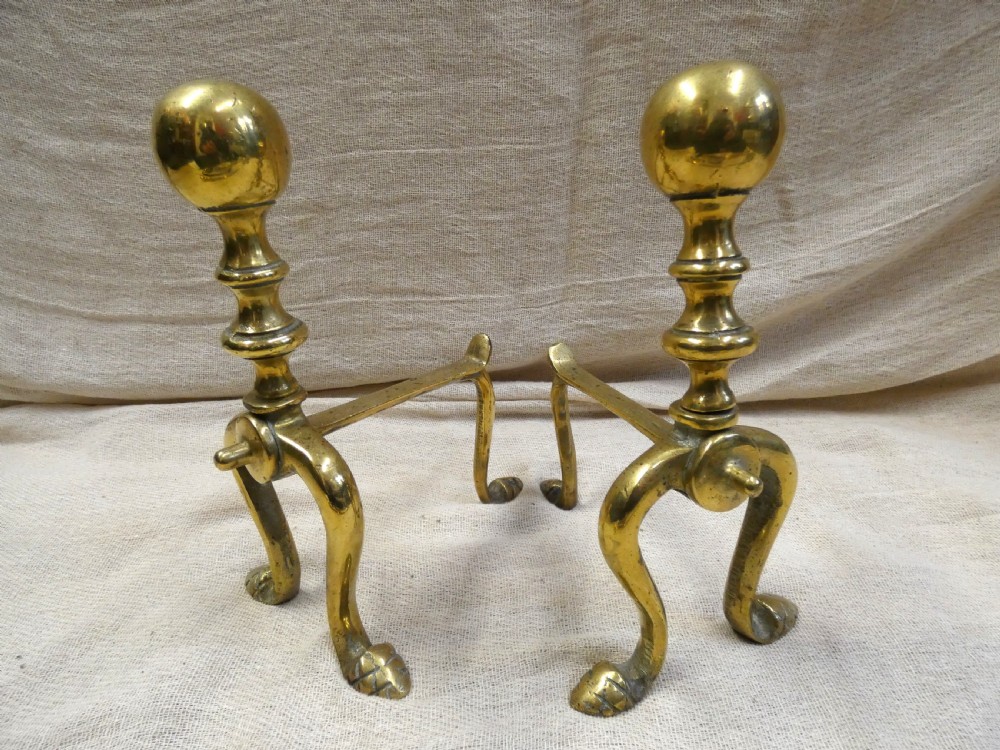 Brass andirons with set of fire tools View IV