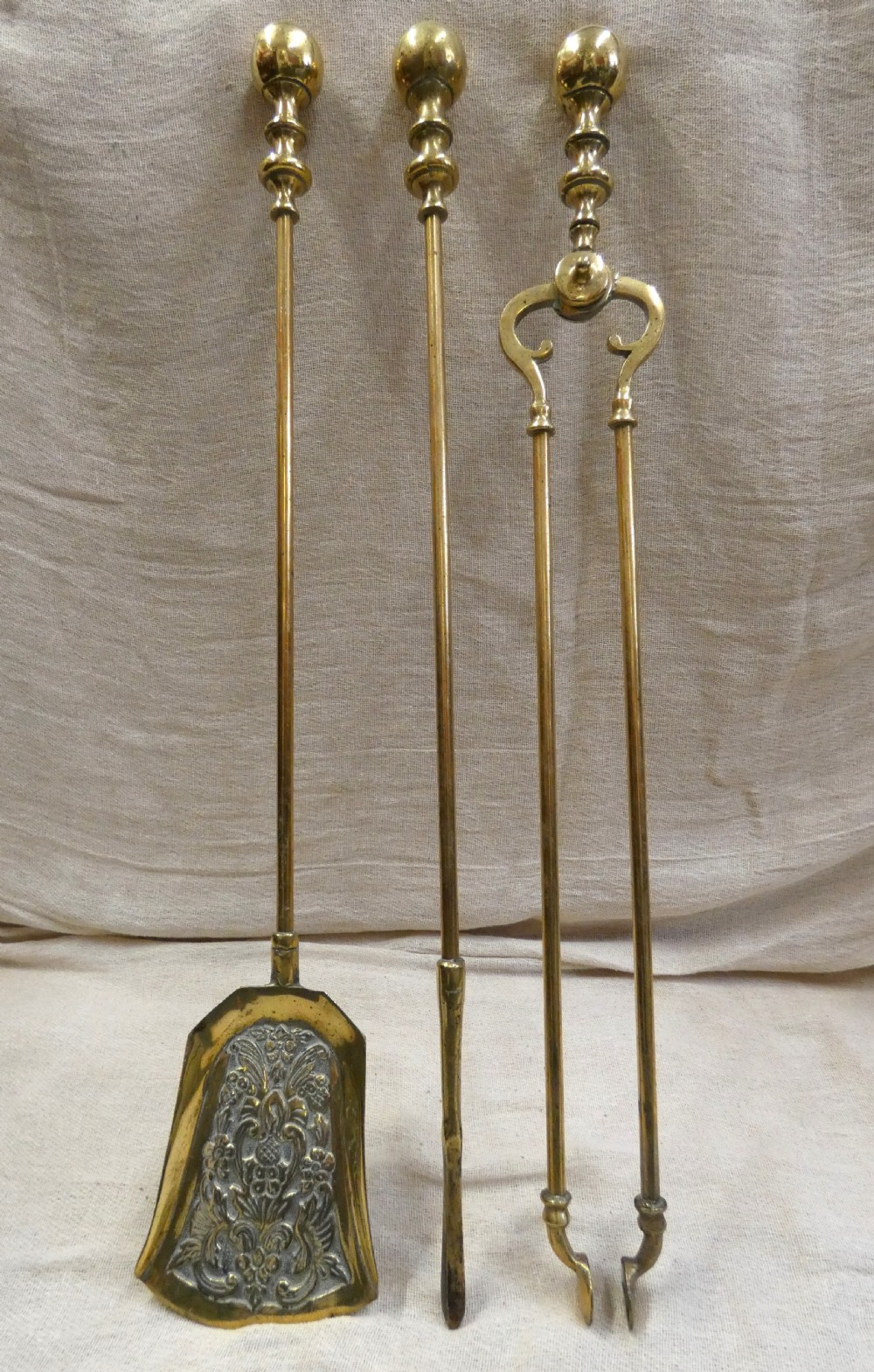 Brass andirons with set of fire tools View V