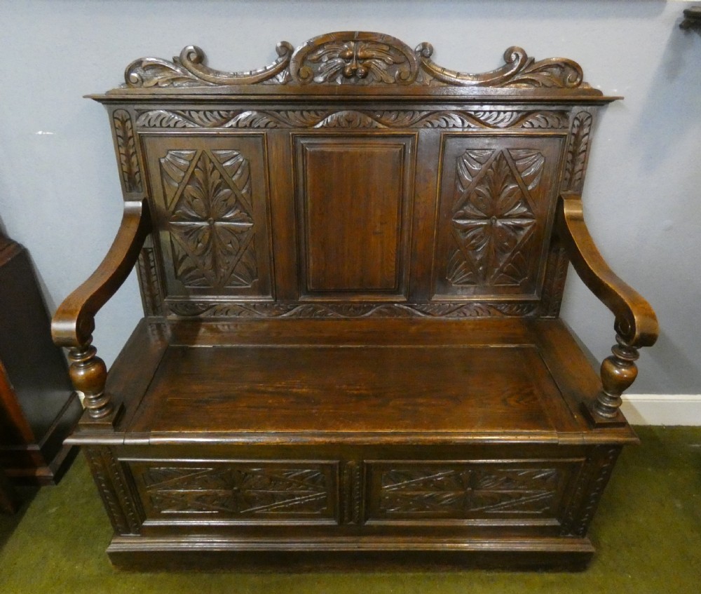 Green Man carved oak settle View II