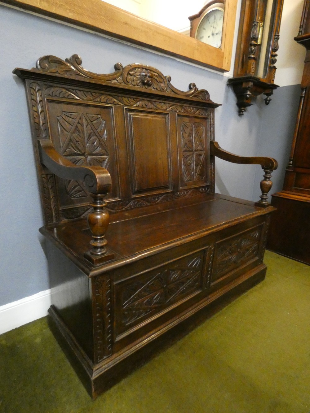 Green Man carved oak settle View IV