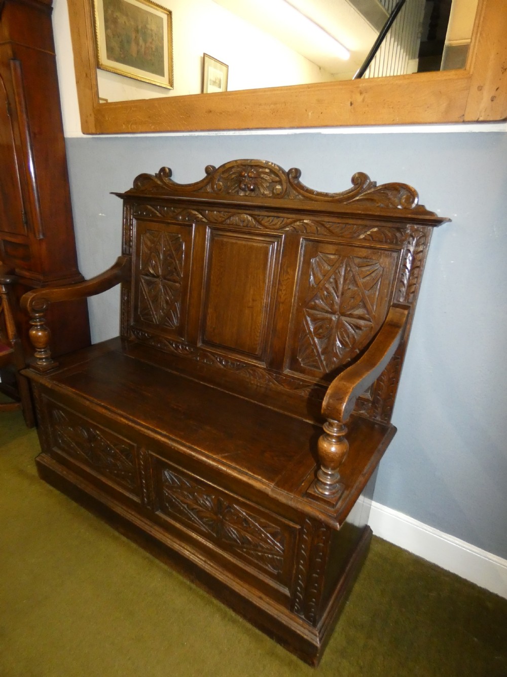 Green Man carved oak settle View V