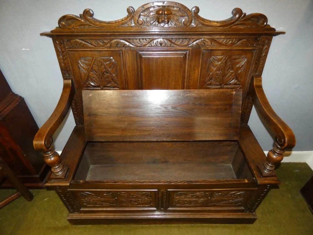 Green Man carved oak settle View VI