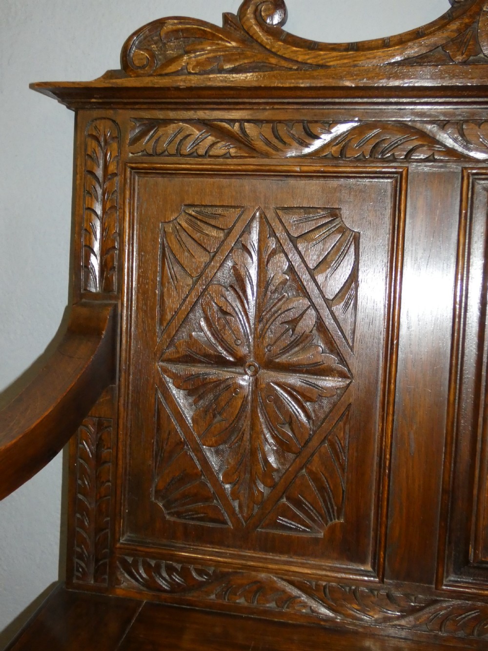 Green Man carved oak settle View VII