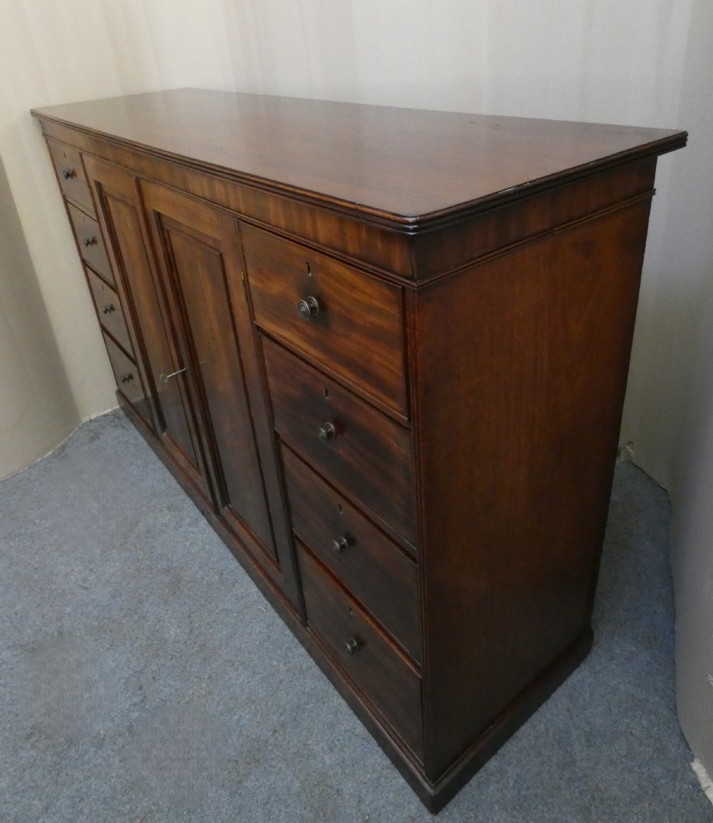 A Georgian mahogany low linen press featuring two central panelled doors flanked by eight side drawers with turned wooden knobs. View VII