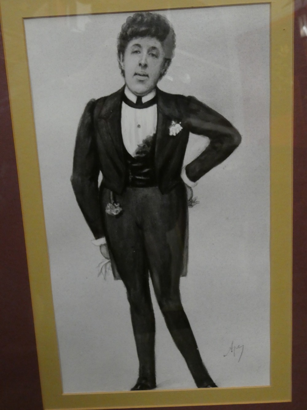 A set of six dark wooden frames, each housing two framed Victorian Vanity Fair caricature lithographs of gentlemen set against cream backgrounds with burgundy mounts. View IV