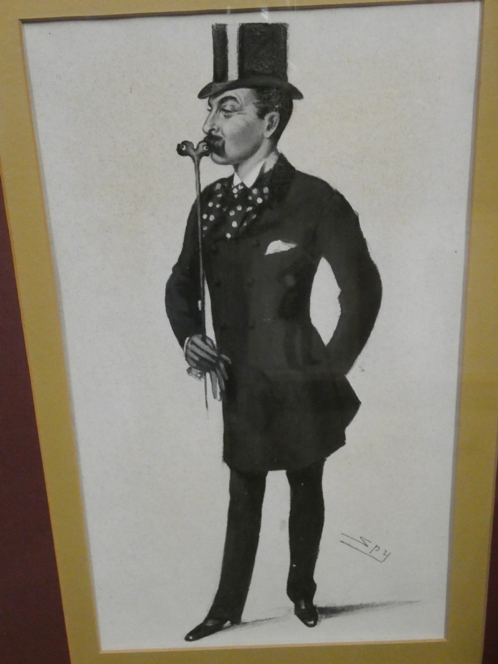 A set of six dark wooden frames, each housing two framed Victorian Vanity Fair caricature lithographs of gentlemen set against cream backgrounds with burgundy mounts. View V