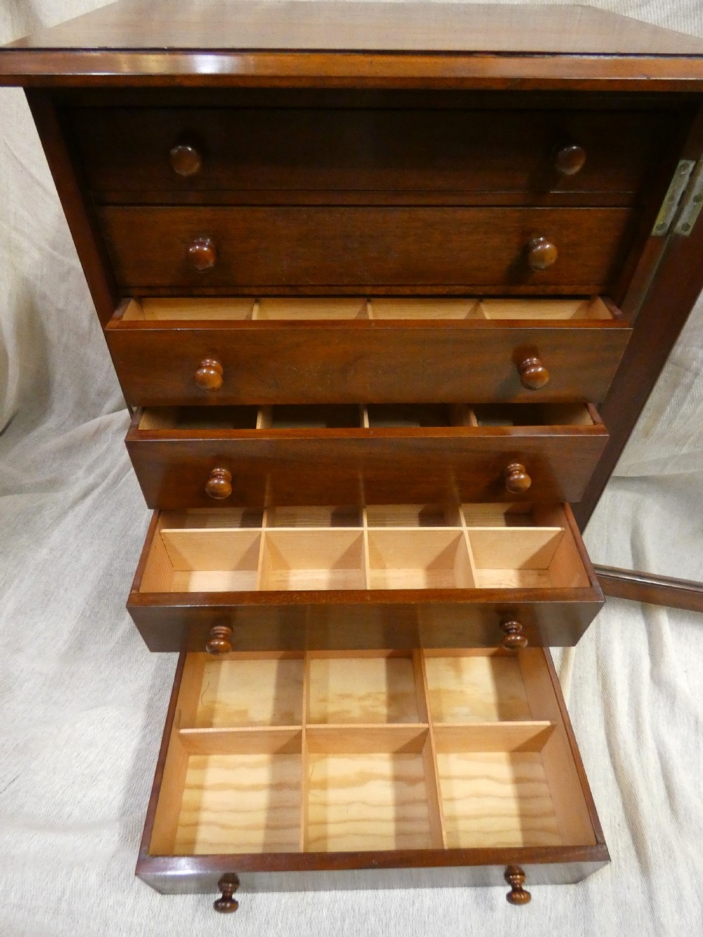 An antique warm brown mahogany specimen cabinet featuring five shallow drawers with wooden knob handles set behind a framed front on a plinth base. View V