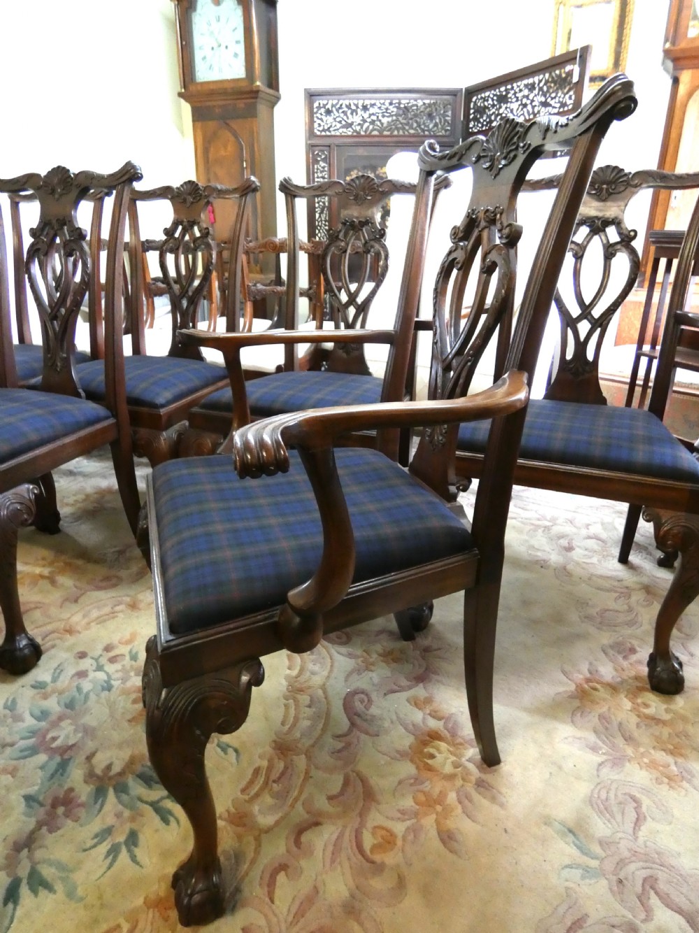 A set of eight dark mahogany Chippendale style dining chairs featuring carved pierced splats, cabriole legs with ball and claw feet, and blue tartan upholstered seats. View VIII