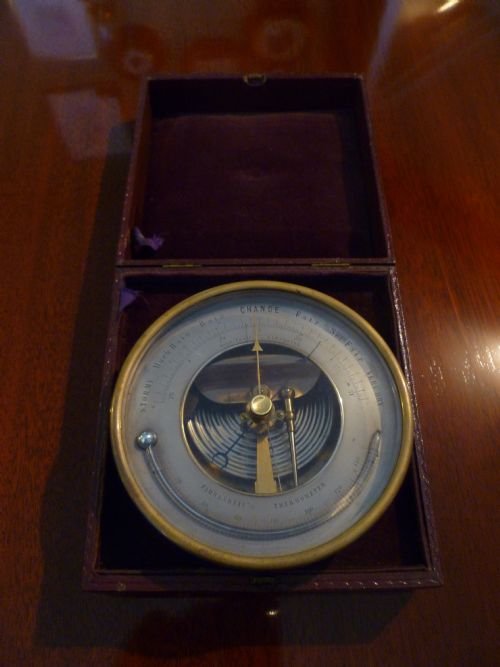 Victorian Holosteric Drum Aneroid Barometer with Semi Circular Mercury Thermometer