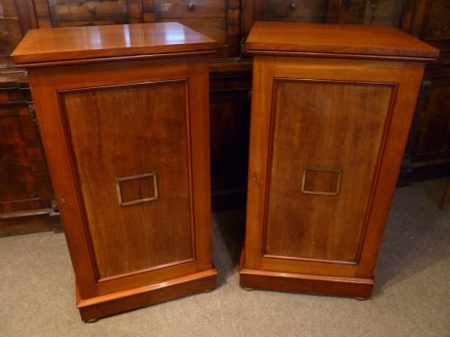 fig 1. A pair of antique mahogany collectors cabinets featuring numerous shallow drawers with turned wooden knobs, brass label holders, and hinged side doors.