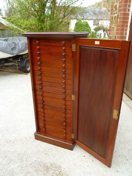 fig 1. A BEAUTIFUL VICTORIAN 20 DRAWER, SOLID MAHOGANY COLLECTORS CABINET BY MESSRS WATKINS AND DONCASTER OF THE STRAND, LONDON.