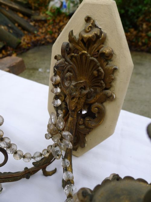 fig 1. A TRIO OF GILDED, RAMS HEAD, DOUBLE SCONCE, WALL LIGHTS
