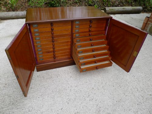 A Superb 20 Drawer Collectors Cabinet in Mahogany and Walnut Originally the Property of Baron De Worms. Circa 1890